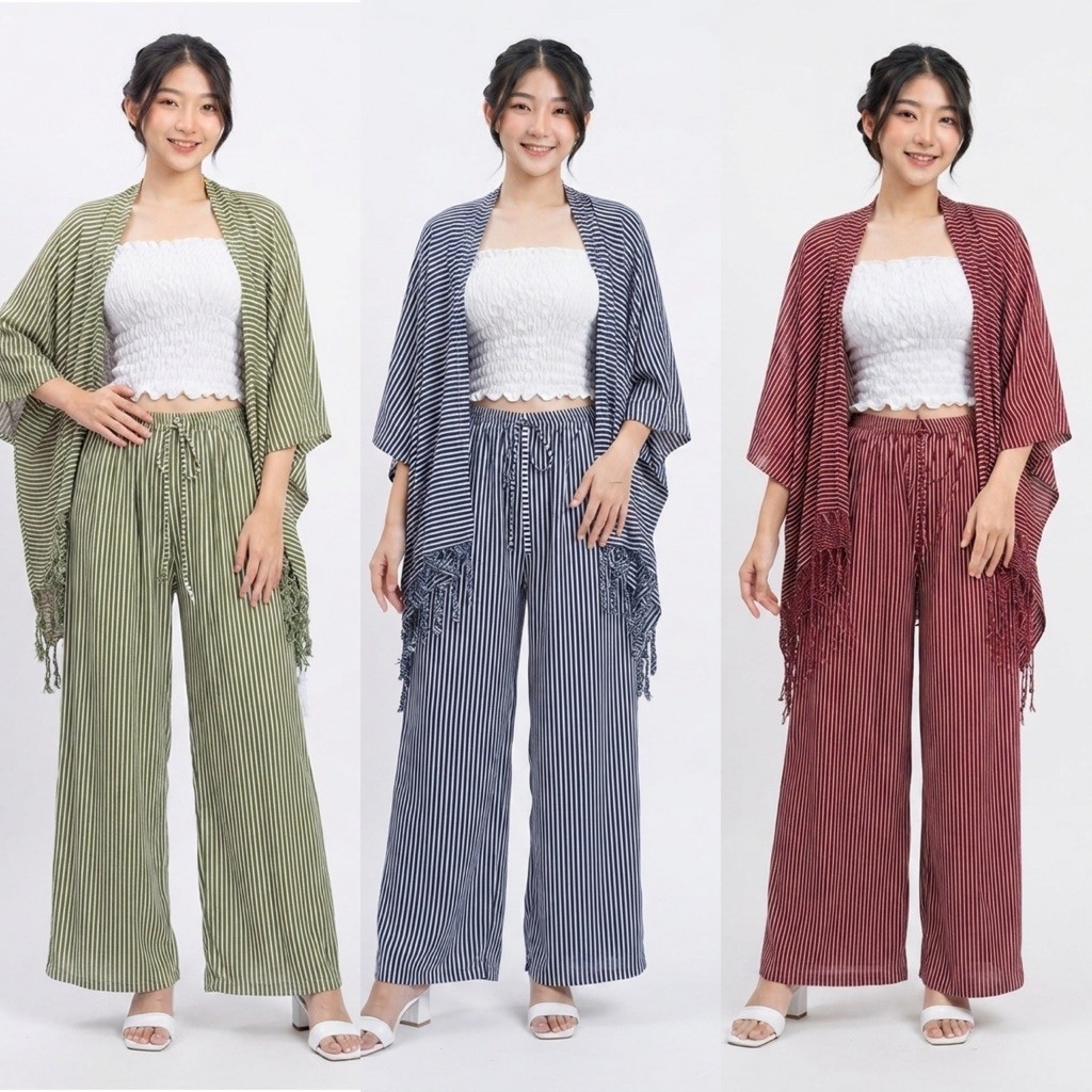 Bali Beachwear Setelan Outer Rumbai & Kulot Strip Wanita
