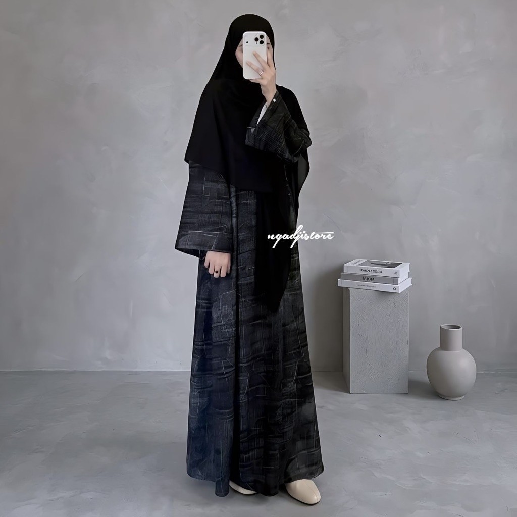 Abaya Okawa Gamis Syar’i Wanita Muslimah Jumbo Motif Abstrack Knitt Lavezen Murah Ning Jazil Lyms