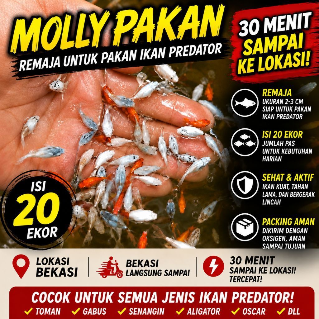 IKAN MOLLY PAKAN PREDATOR 20 EKOR (2–3CM) | MOLI OREN HITAM RANDOM | PAKAN TOMAN, GAR, RTC, OSCAR | 
