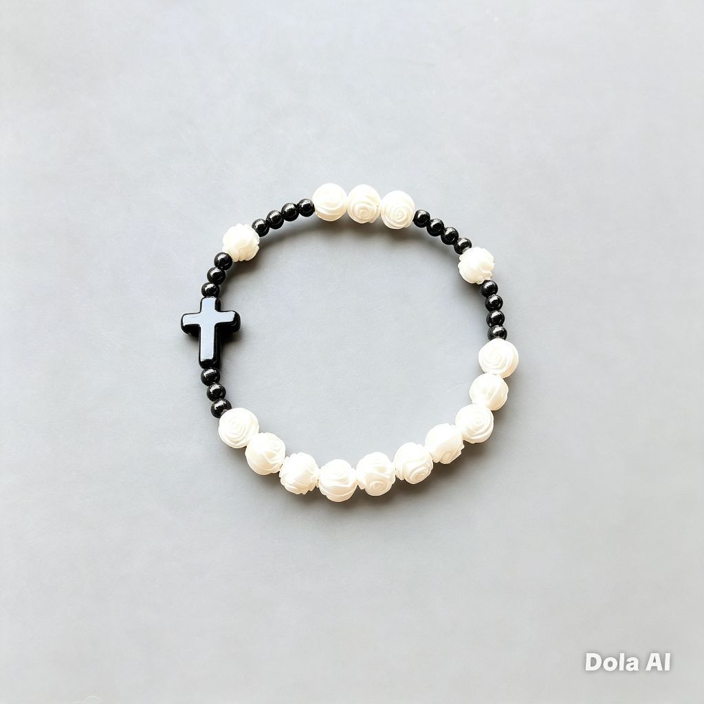 G1659 GELANG ROSARIO SALIB MUTIARA PUTIH 8MM PREMIUM GELANG KATOLIK