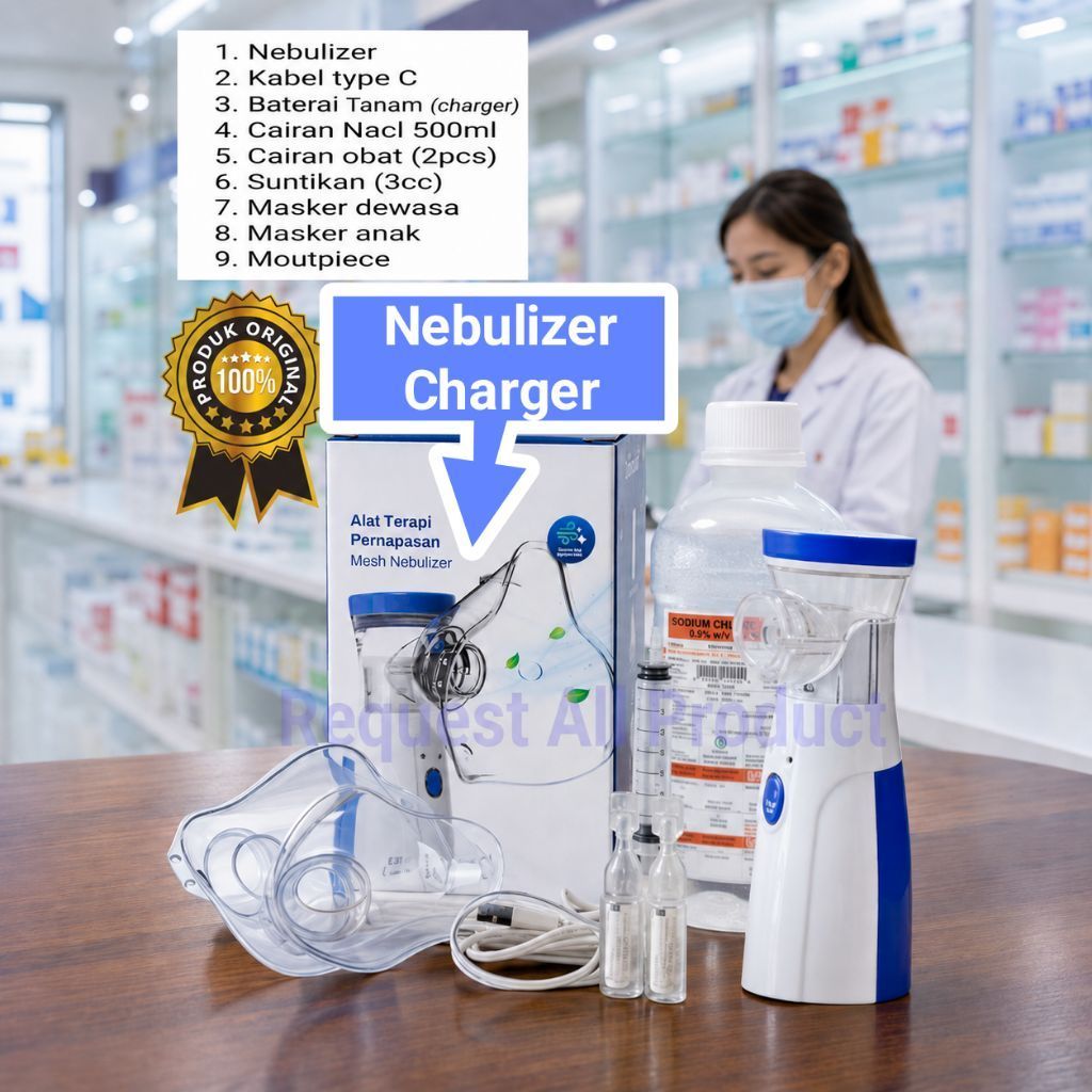 Nebulizer (Charger) Paket Lengkap Nacl 500ml Air Obat 2pcs Alat Bantu Pernapasan Portable Uap Taff o