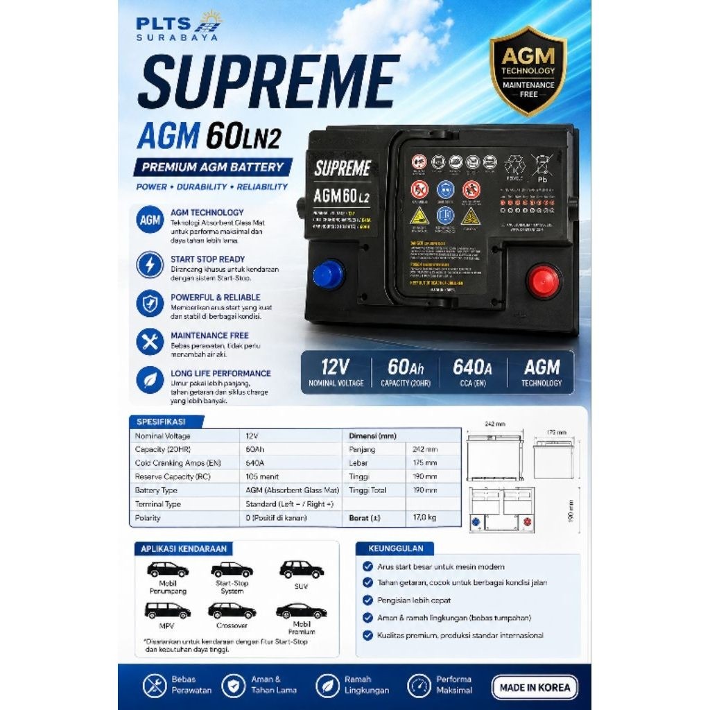 Aki AGM LN2 Supreme 60LN2 mobilbstart stop engine