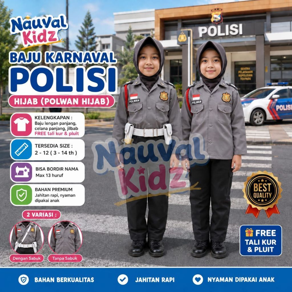 Baju Karnaval Polisi Hijab , Polwan Hijab Anak Size 2-12