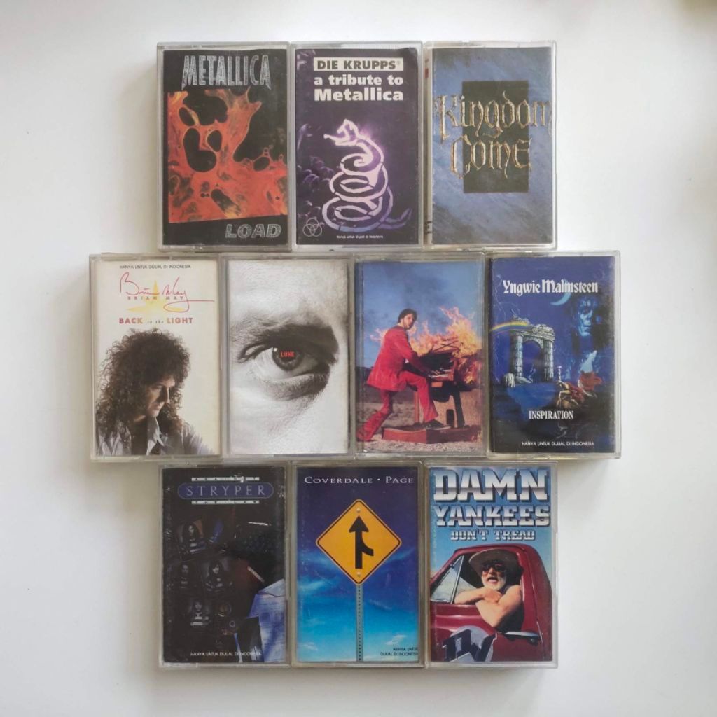 Paket 10 kaset metal/rock: METALLICA + DIE KRUPPS + KINGDOME COME + BRIAN MAY + STEVE LUKATHER + PAU