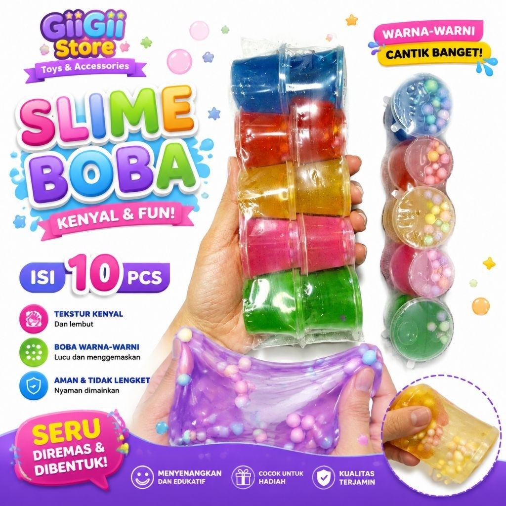 10 Pcs Slime Ember Boba Bening Mainan Anak Anak Seru Slime Warna Warni Slime Boba