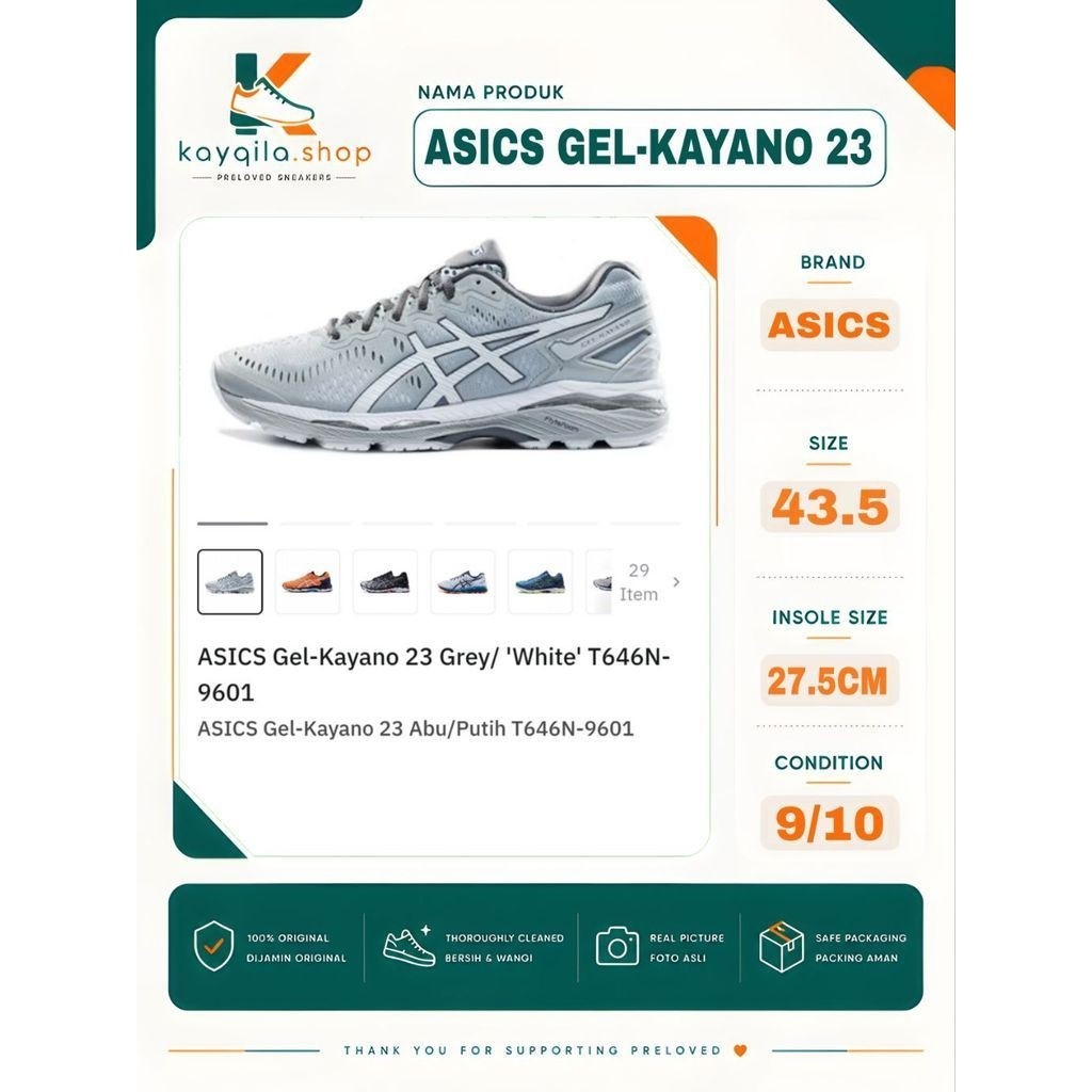 Sepatu Asics Gel Kayano 23 Size 43 Preloved Second Original