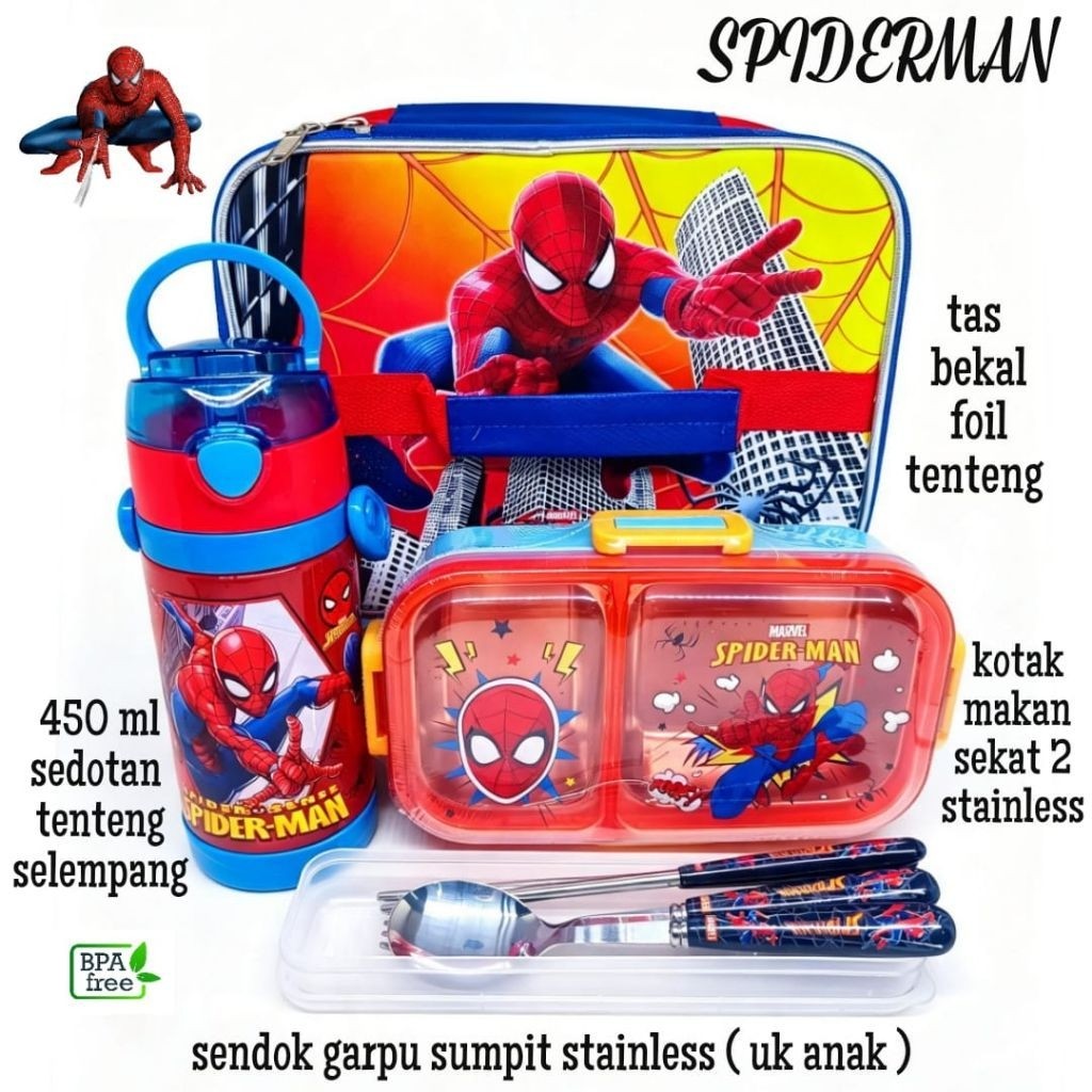 set bekal anak spiderman sekat stainless