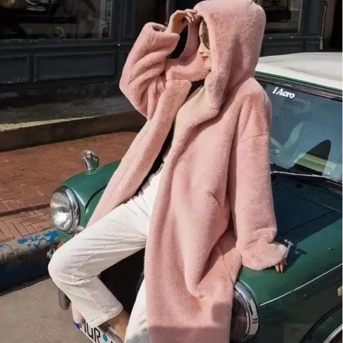 Jaket Bulu Musim Dingin Wanita Korean Style Long Coat Bulu Member Tebal Panjang - Outer, Vintage Cas
