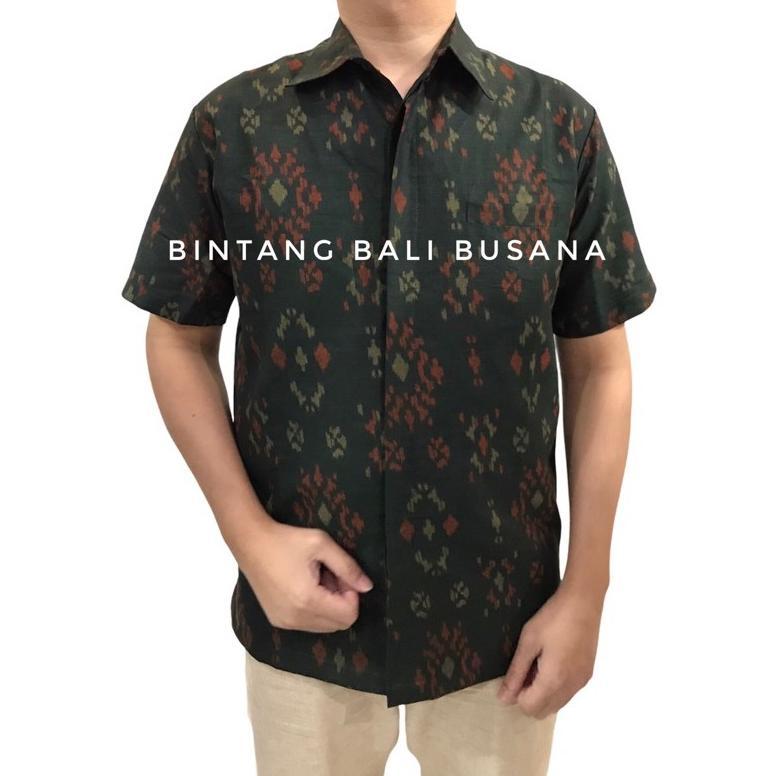 Kemeja Endek Bali Pria Katun Lengan Pendek Bintang Hijau