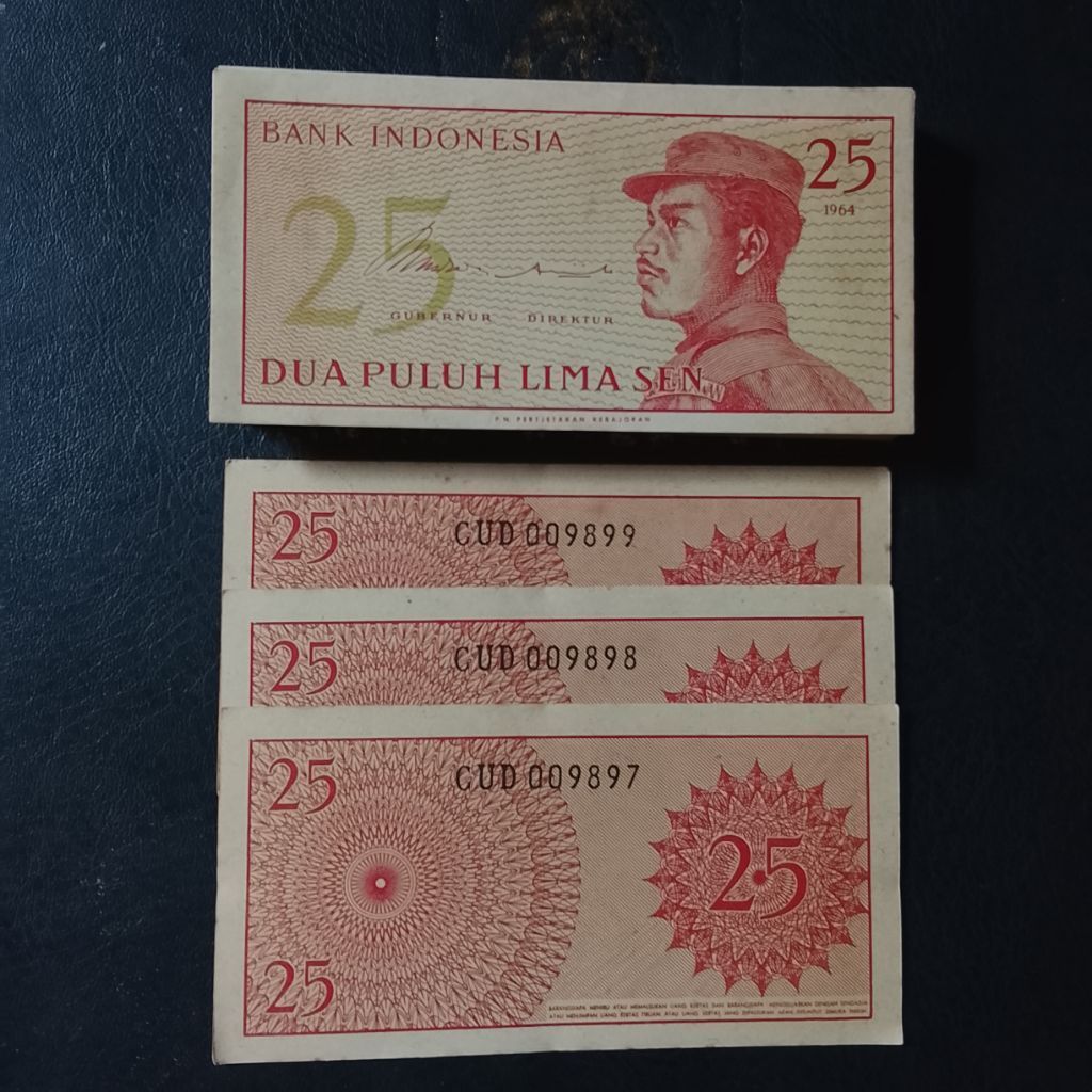paket 3 lembar seri urut uang kertas 25 sen sukarelawan 1964 baru asli