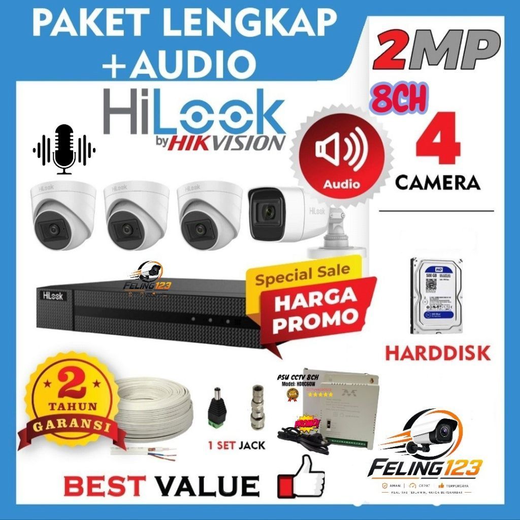 Paket CCTV HILOOK AUDIO 8 Channel 4 Kamera 2MP DVR 8CH LENGKAP Komplit