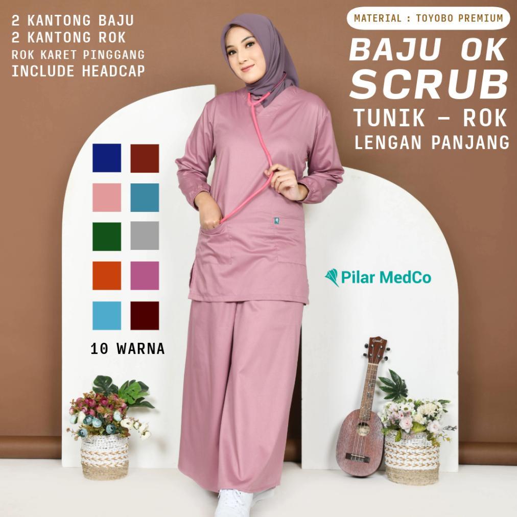 Grade Ori Baju Ok Rok Lengan Panjang Tunik | Baju Scrub Medis Rok Tunik | Bahan Toyobo | Baju Jaga D