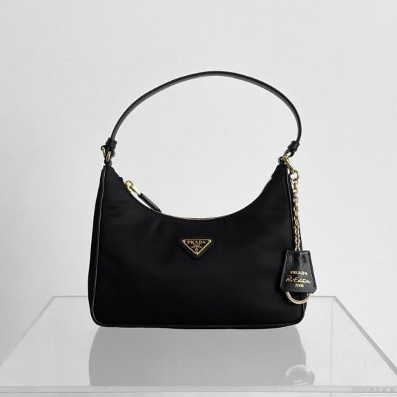Prada Re-Edition 2005 Nylon Hobo Bag Black With Leather Handle