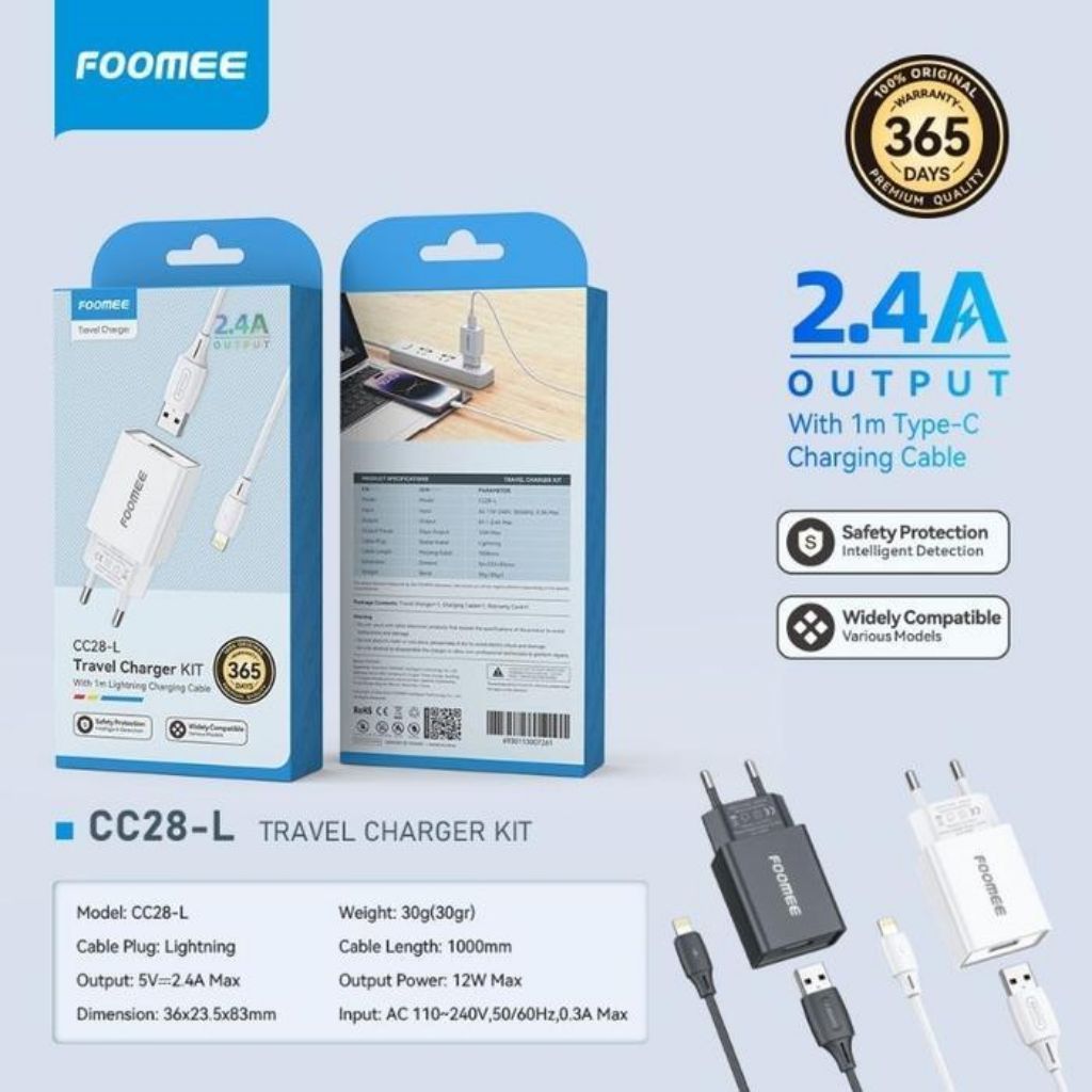 Foomee CC28-L Travel Charger Kit 2.4A Charger iPhone Fast Charging Adapter