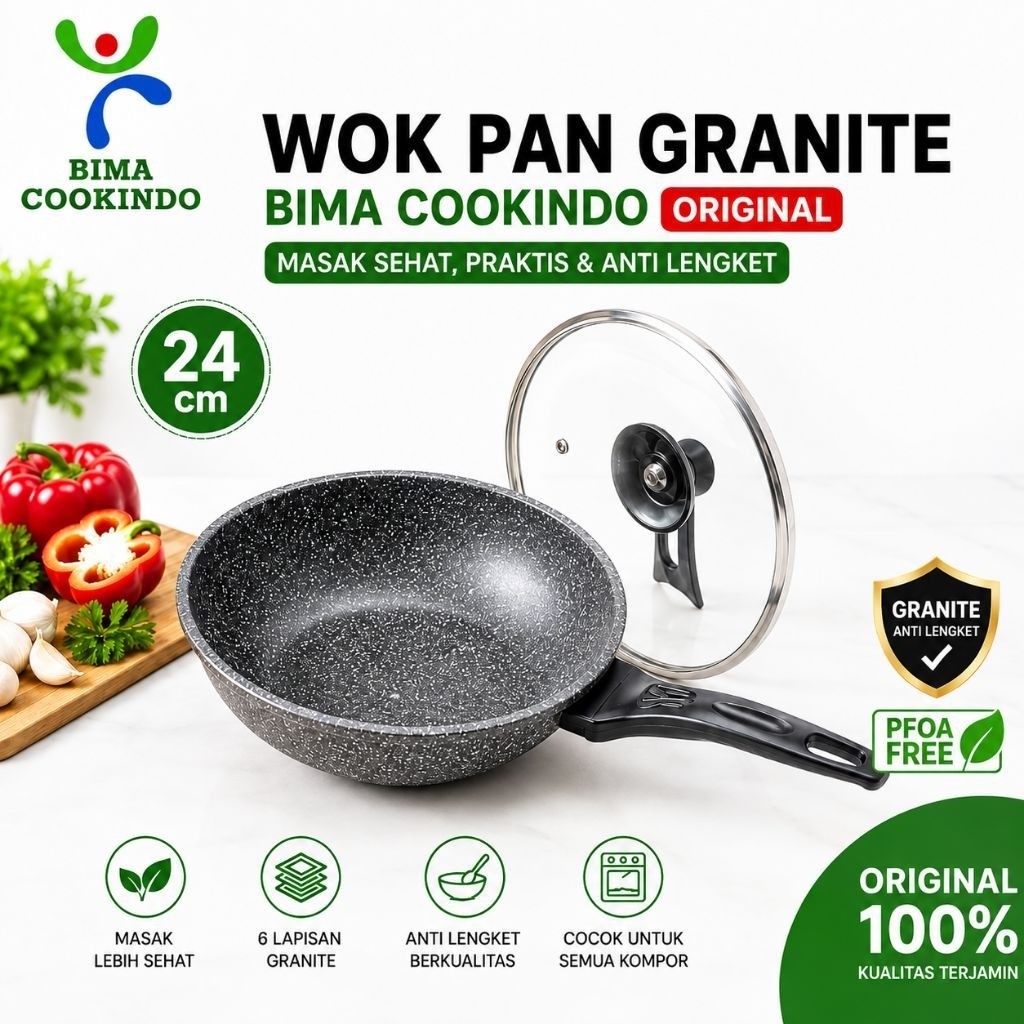 BIMA COOKINDO Wok Pan Granite 24 cm Original Anti Lengket + Tutup Kaca | Wajan Granite Premium