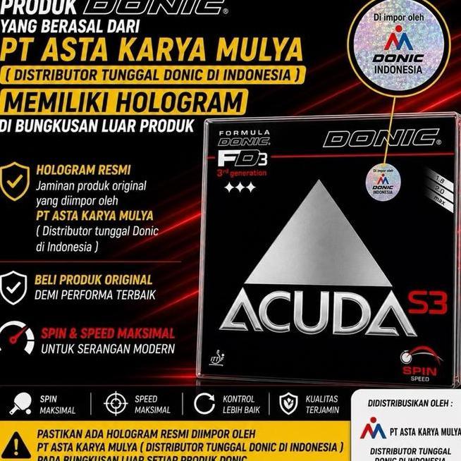 Donic Acuda S3 Karet Bet Pingpong Sponge Soft Control 7 Speed 9 Spin 10 Warna Merah Hitam Made In Ge