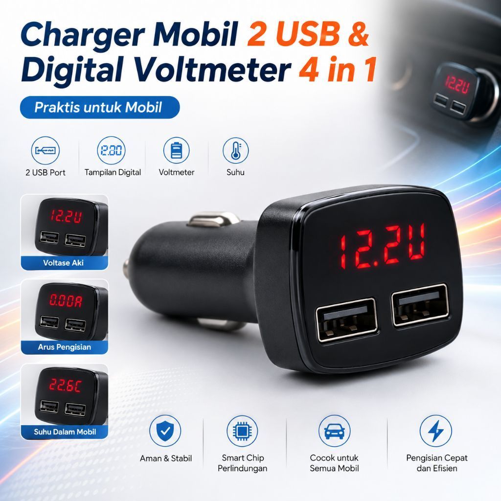 CAS HP COLOKAN LIGHTER/KOREK DI MOBIL MULTIFUNGSI 2 LUBANG + DIGITAL VOLT METER + AMPERE METER + SUH