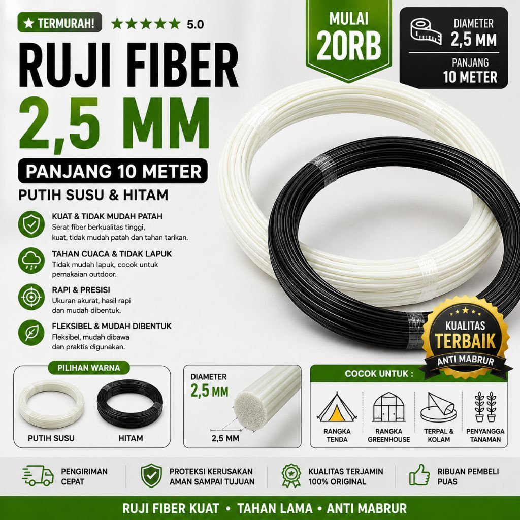 RUJI FIBER 2,5 MM PANJANG 10 METER | Fiber Ruji Kuat | Putih Susu Hitam Orange