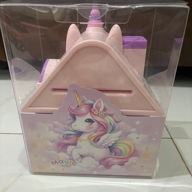 Celengan Anak Kaleng Motif Unicorn & Boneka dengan Kunci Gembok Mini