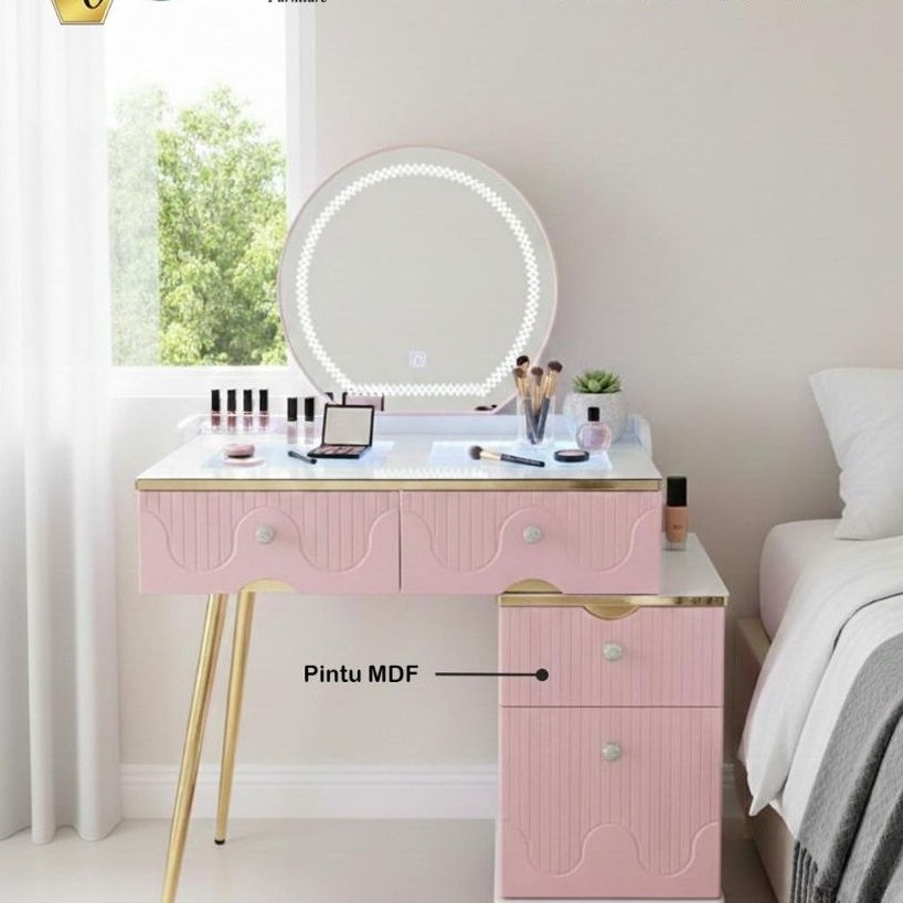 Meja Rias Minimalis Type DT 9927 BP dengan Cermin LED bulat dan laci