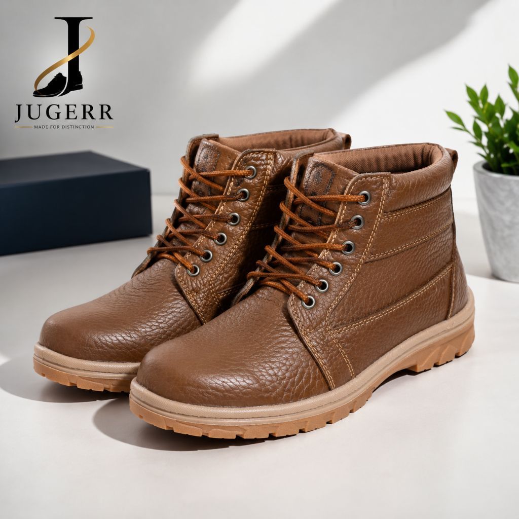 JUGERR Sepatu Safety Pria Boots Kulit Coklat Sol Anti Slip (09 P)