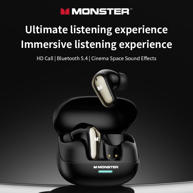 diskon monster mqt52 tws bluetooth 5.4 earphone wireless dolby atmos bass hd call ai noise cancellin