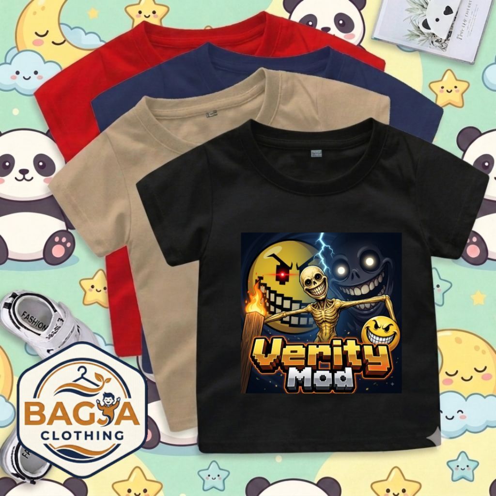 Kaos Anak Lengan Pendek Verity Mod Motif Tulang dan Emoji Hitam
