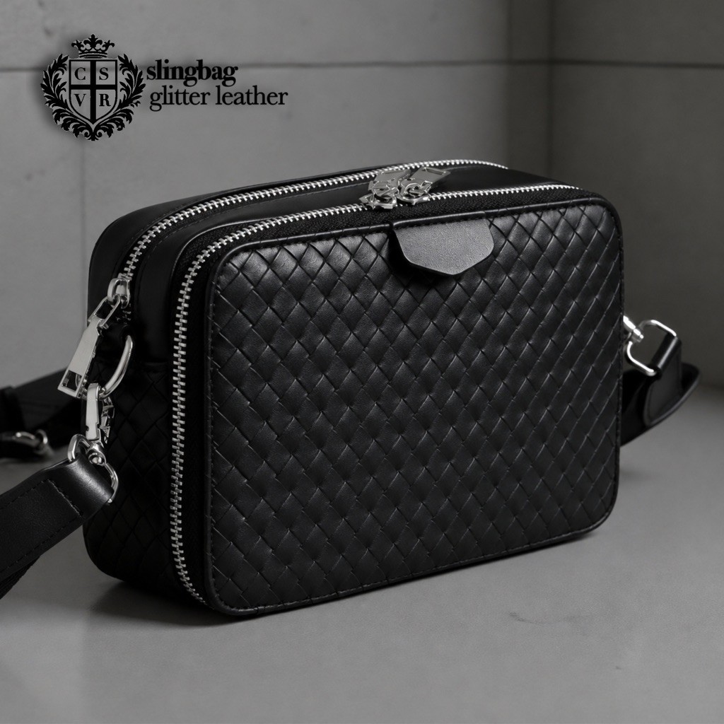 Ariona sb- Leather Concept Tas Selempang Pria Kulit Sintetis Anyaman Hitam 2 Kompartemen Elegance