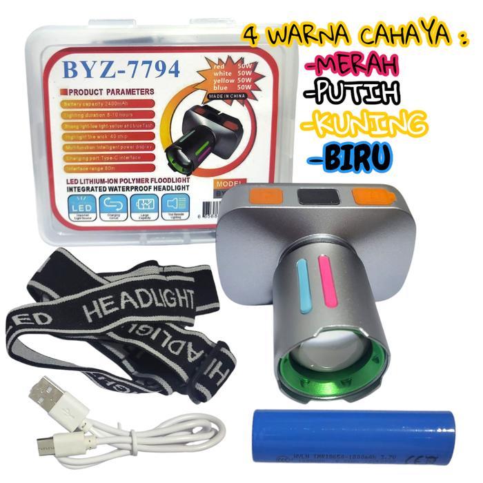 Senter Kepala ZOOM 50Watt 4Warna cahaya( PUTIH , KUNING , BIRU, MERAH) 6 Mode pencahayaan rechargera