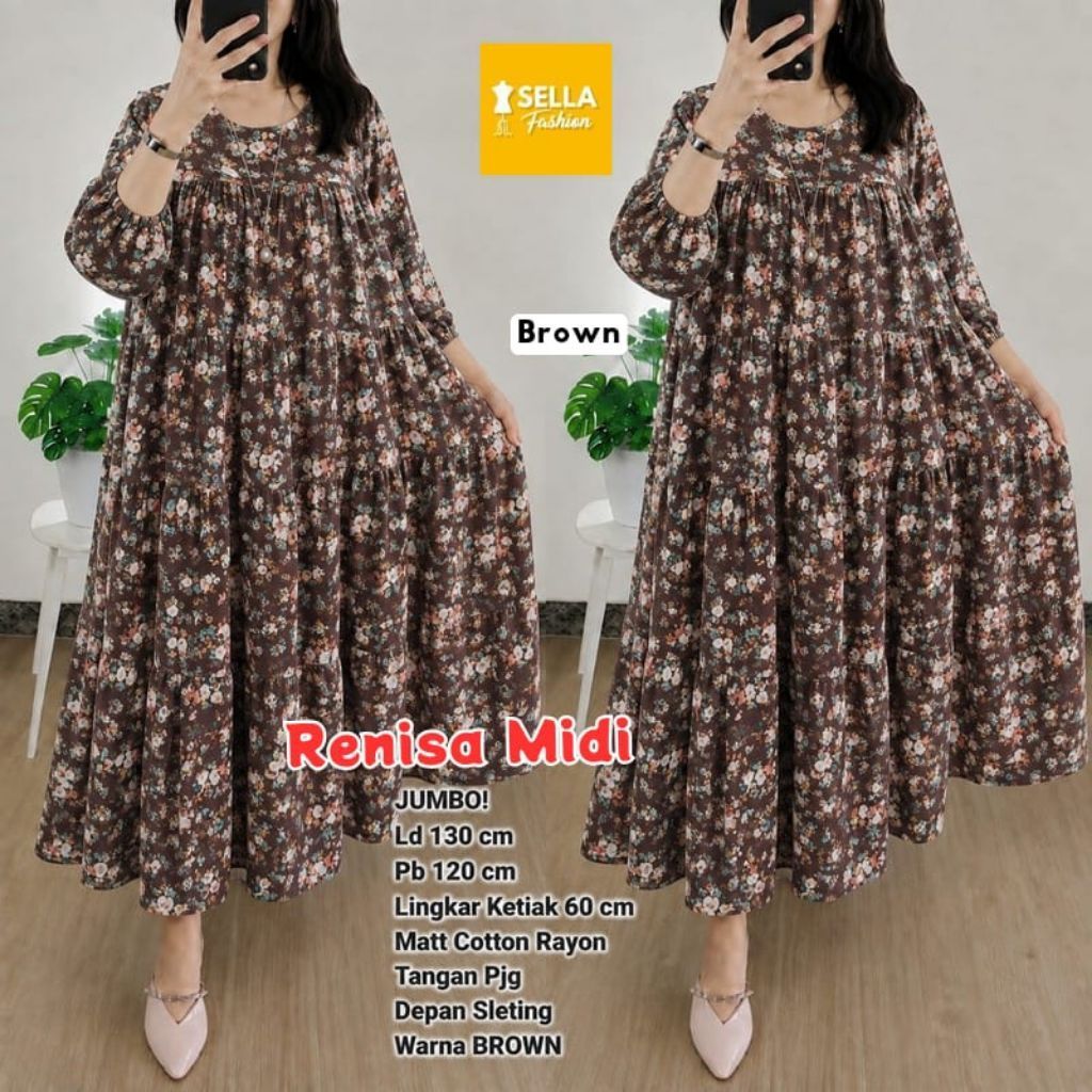 Midi Dress Jumbo Renisa LD 130 Rayon Premium Busui Friendly Gamis Motif Bunga