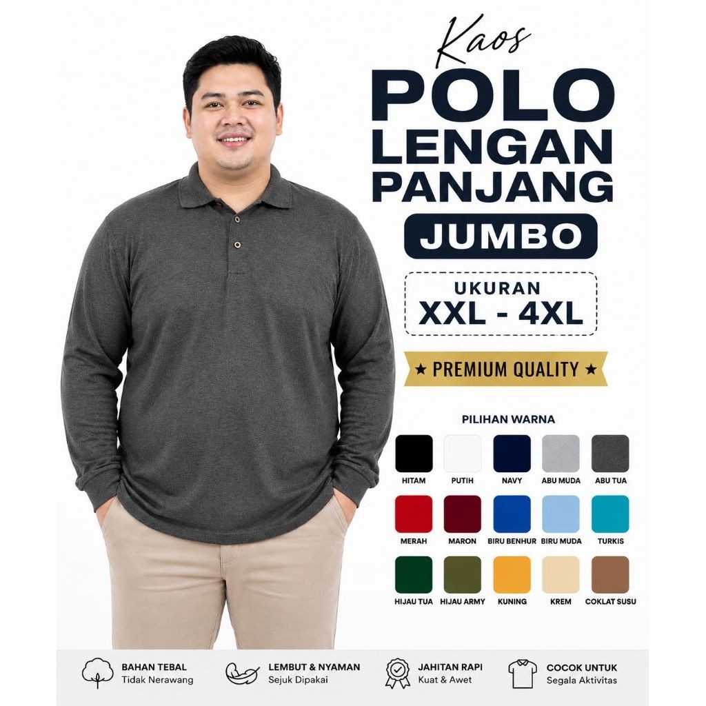 Kaos Polo Lengan Panjang Jumbo Bigsize Kaos Kerah Polos Pria Wanita