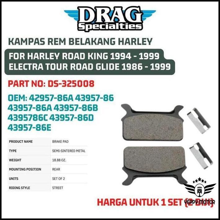 Kampas Rem Belakang Harley Road King 1994-1999 Electra Tour Road Glide 1986-1999 Ds-325008 Oem 42957