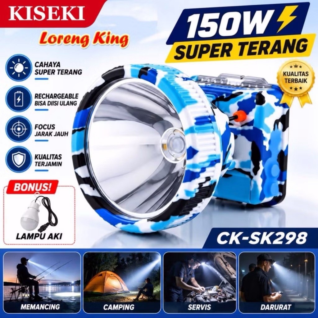 Headlamp Cas KISEKI CK-SK298 150W Senter Kepala LED Super Terang Rechargeable + Lampu Aki
