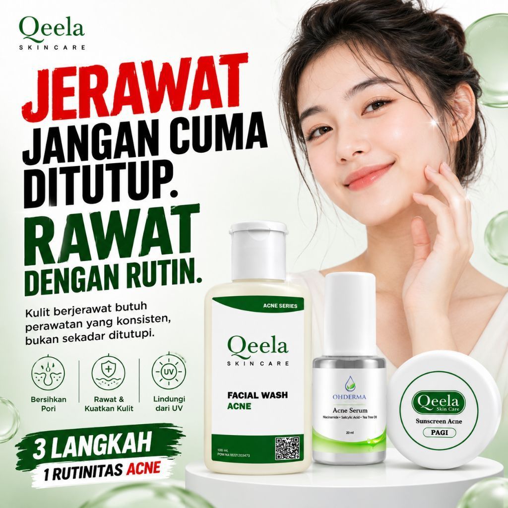 Paket Acne 3in1 Qeela Skincare Facial Wash Acne Serum dan Sunscreen Acne Pagi Obat Jerawat Ampuh