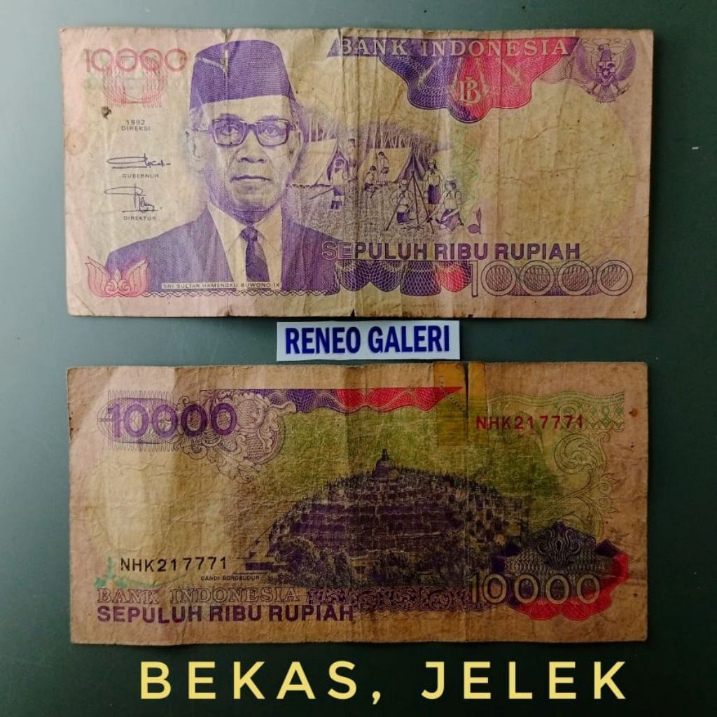 Jelek Asli 10.000 Rupiah Sri Sultan Hamengkubuwono Tahun 1992 Rp 10000 candi Borobudur Uang kertas k