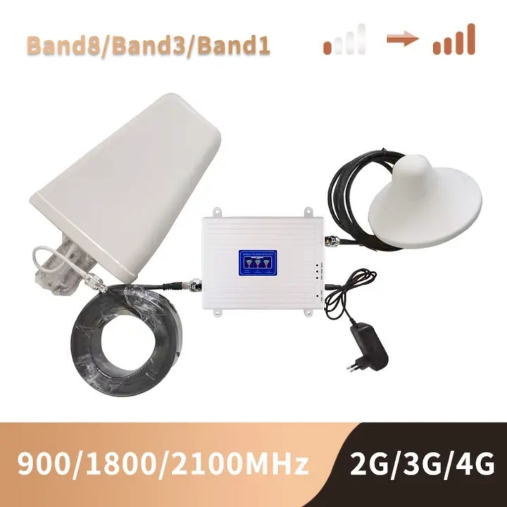 repeater sinyal hp tri band 2G 4G 5G frek 900 mhz 1800mhz 2100 mhz satu set