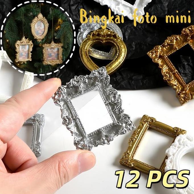 CORNUE 12pcs Frame Foto Mini Vintage Emas Bingkai Foto Mini Resin Emas Retro Hiasan DIY Bingkai Foto