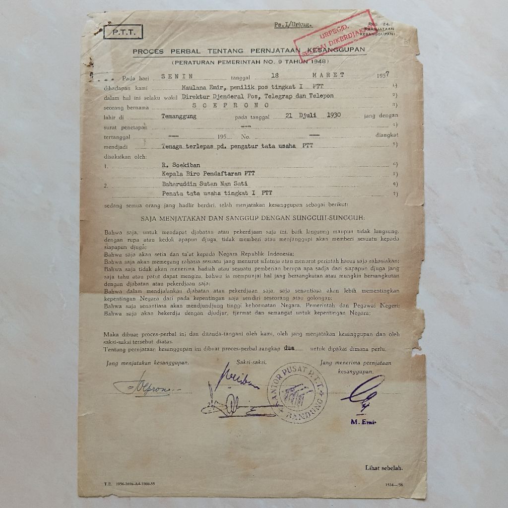 Koleksi Dokumen Arsip Kuno 1957 Penetapan Kesanggupan Pegawai PTT Soeprono - YN3453