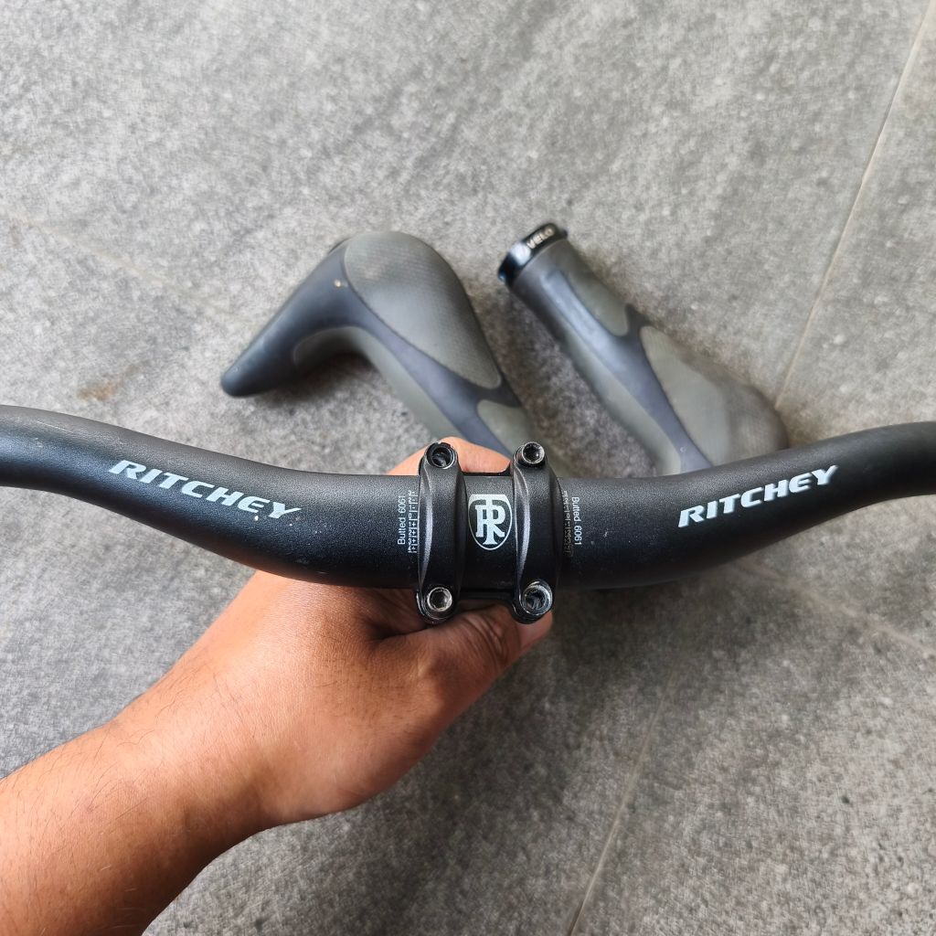 handlebar sepeda mtb ritchey alloy rise OS, stem entity sport OS, handgrip velo tanduk seken copotan