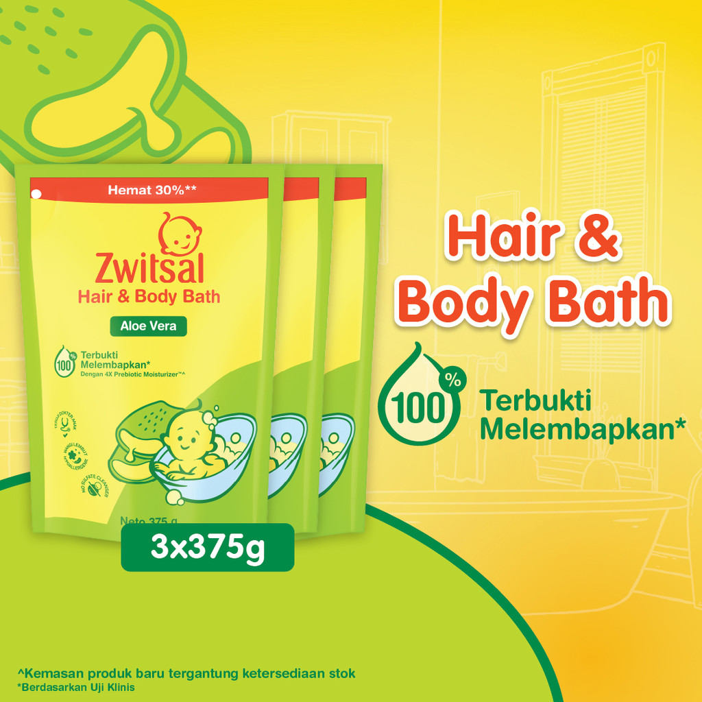 Zwitsal Baby Bath Hair and Body Aloe Vera 375g x3 - Sabun cair mandi bayi untuk kulit lembut, lembab
