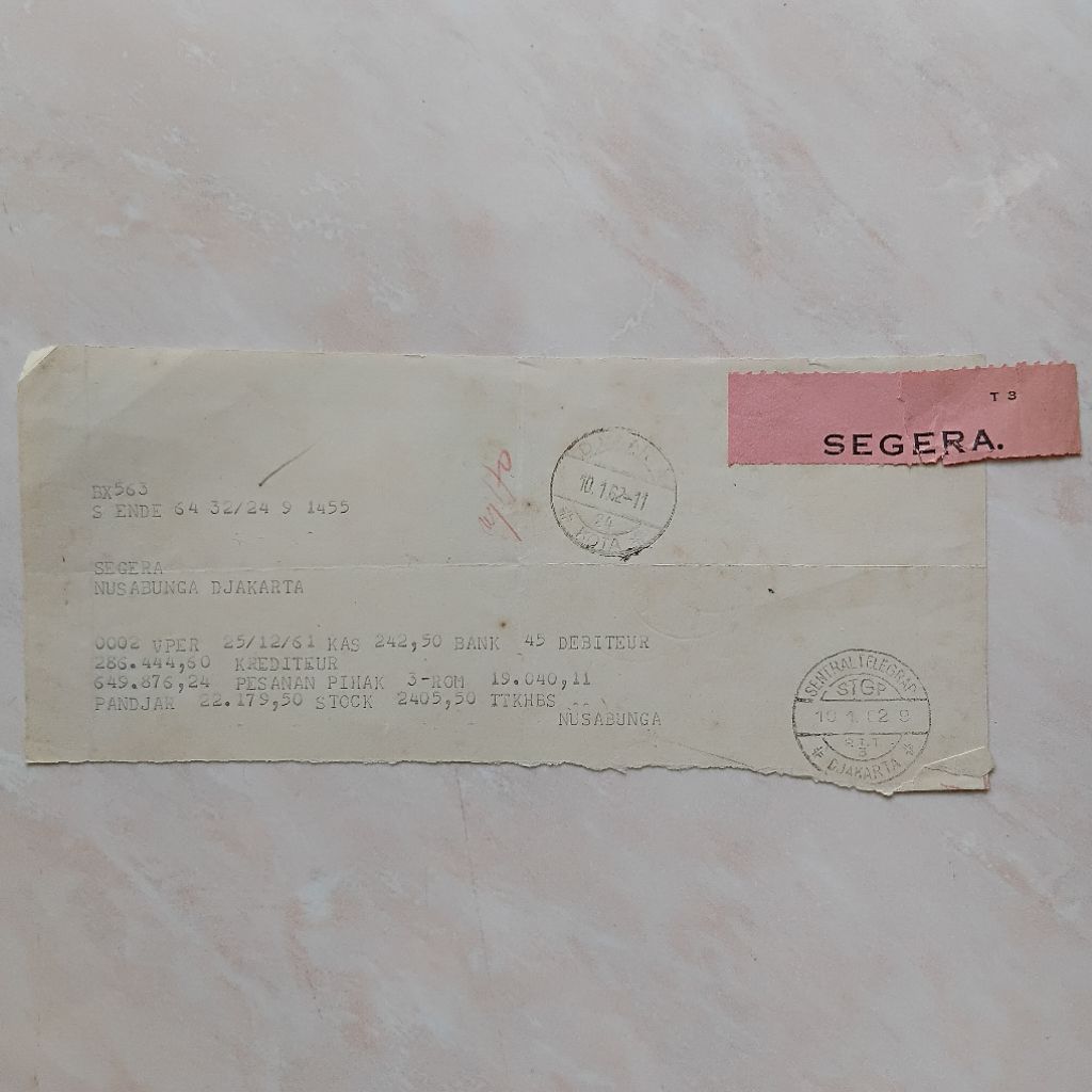 Koleksi Dokumen Arsip Kuno 1962 Telegram Ende ke Djakarta - YN3458