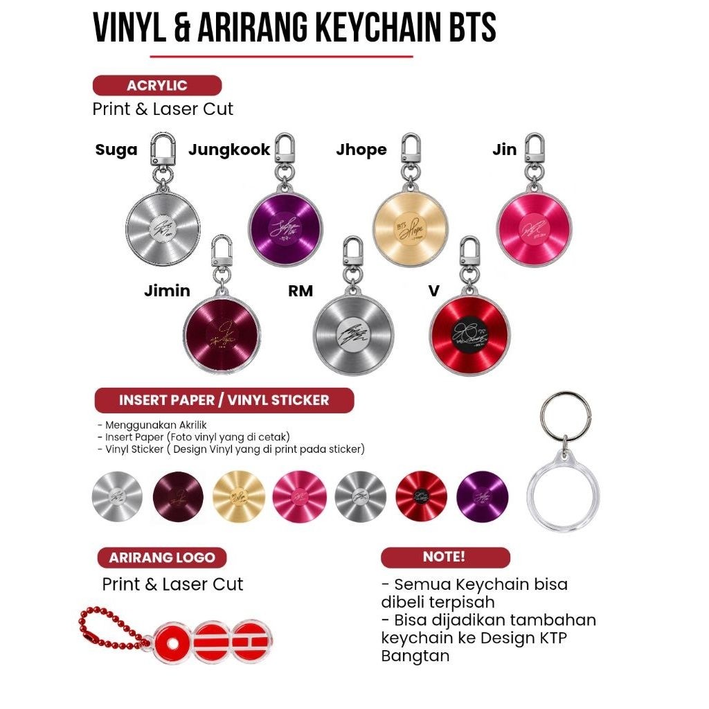 KEYCHAIN BTS VINYL & ARIRANG VERSION / GANTUNGAN KUNCI BTS MODEL VINYL DAN LOGO ARIRANG