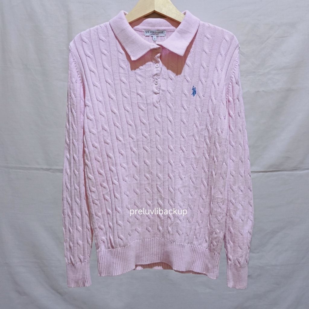 Sweater Kepang US POLO ASSN / USPA Quarter button cable Warna Soft Pink Sz L