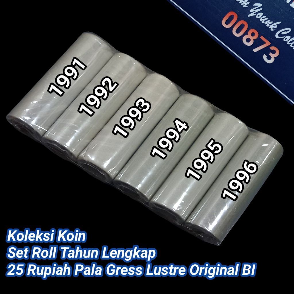 UKI006Coin Set Roll 25 Rupiah Pala Thn Lengkap 1991-1996 Gress Lustre Original Roll Asli BI