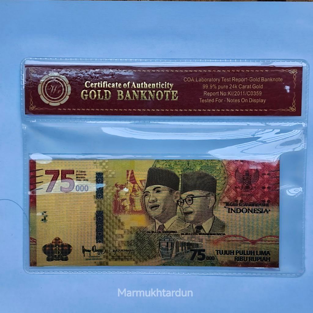 Uang Sovenir Rp75000 Gold Foil plus Folder