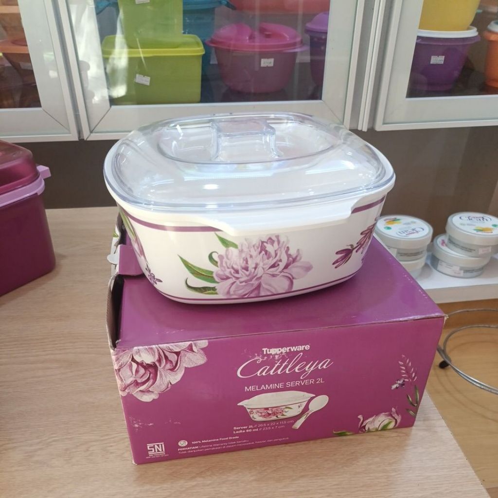 Tupperware Cattleya Melamine Server 2L dengan Tutup Kaca Piring Sajian Motif Bunga