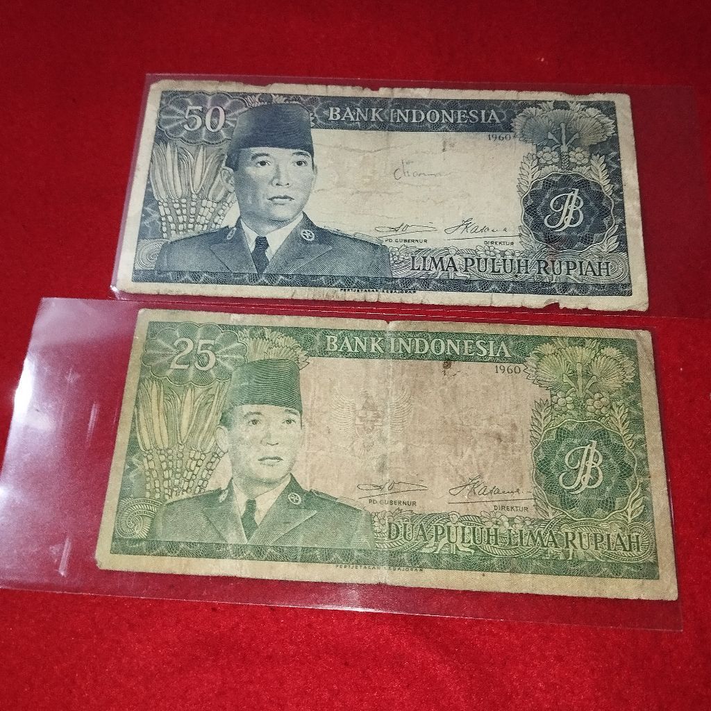 uang kertas kuno 25 dan 50 Soekarno kondisi apa adanya