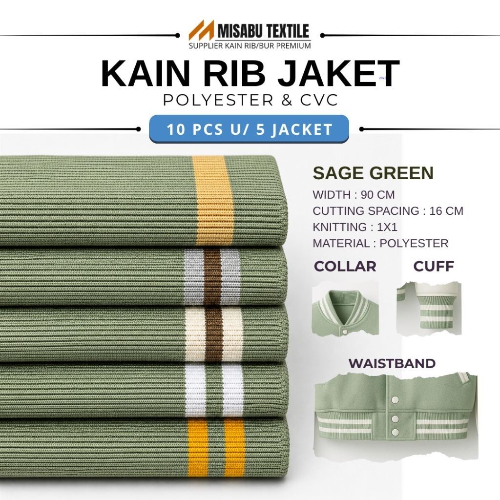 Kain rib bur poliester hijau sage rajut premium untuk jaket
