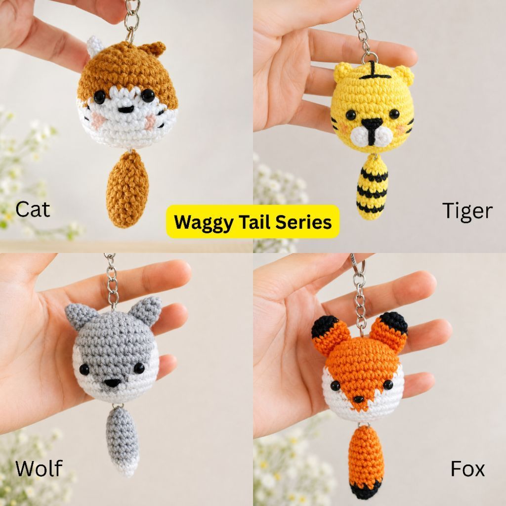 Keychain / BagCharm Crochet | Ganci Rajut | Cat-Tiger-Fox-Wolf Waggy Tail | Handmade Amigurumi