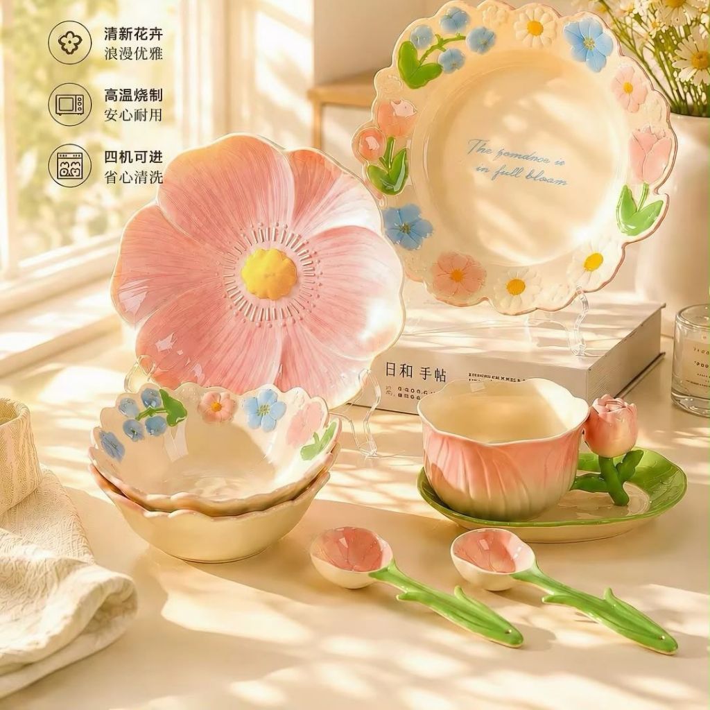set piring keramik motif bunga